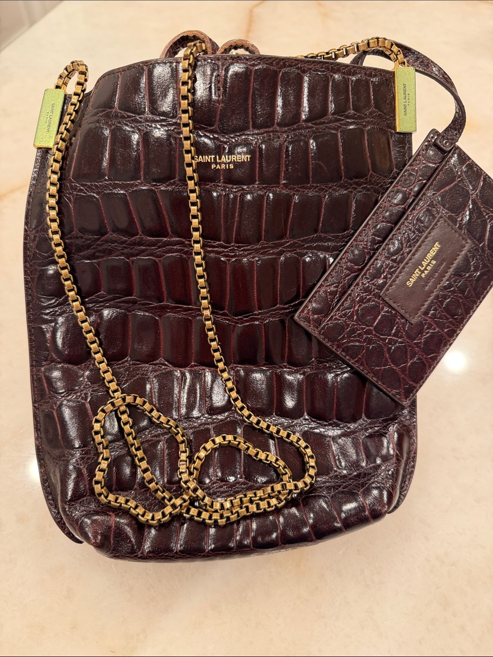 Saint Laurent Croc-Embossed Crossbody in Deep Burgundy with Gold Chain